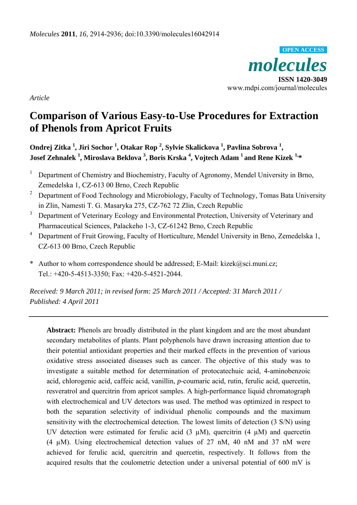 Comparison of Various Easy-to-Use Procedures for Extraction of Phenols from Apricot Fruits by unknow