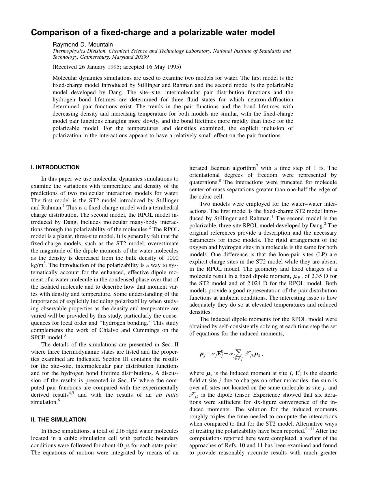 Comparison of a fixed-charge and a polarizable water model by Raymond D. Mountain