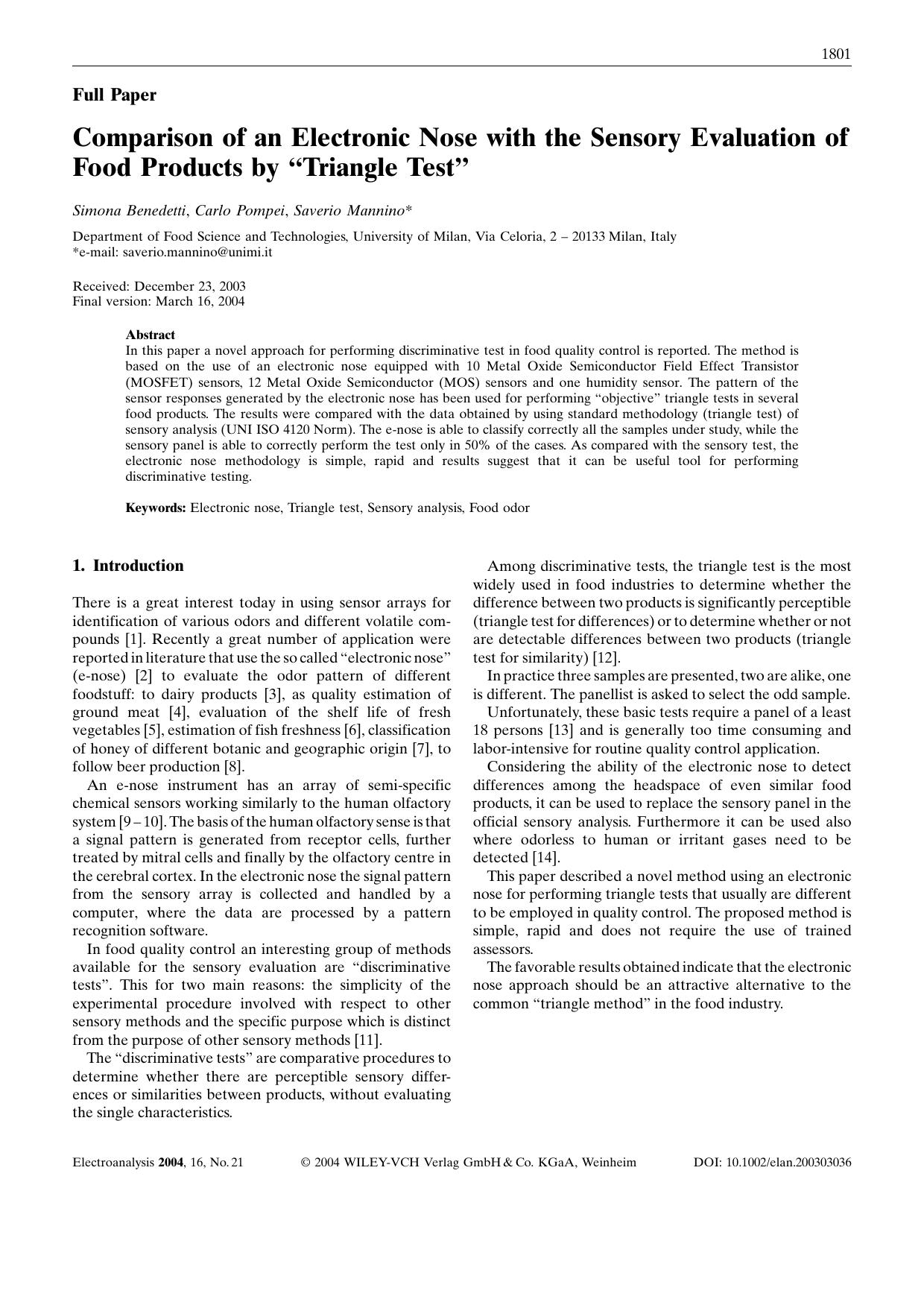 Comparison of an Electronic Nose with the Sensory Evaluation of Food Products by "Triangle Test by Unknown