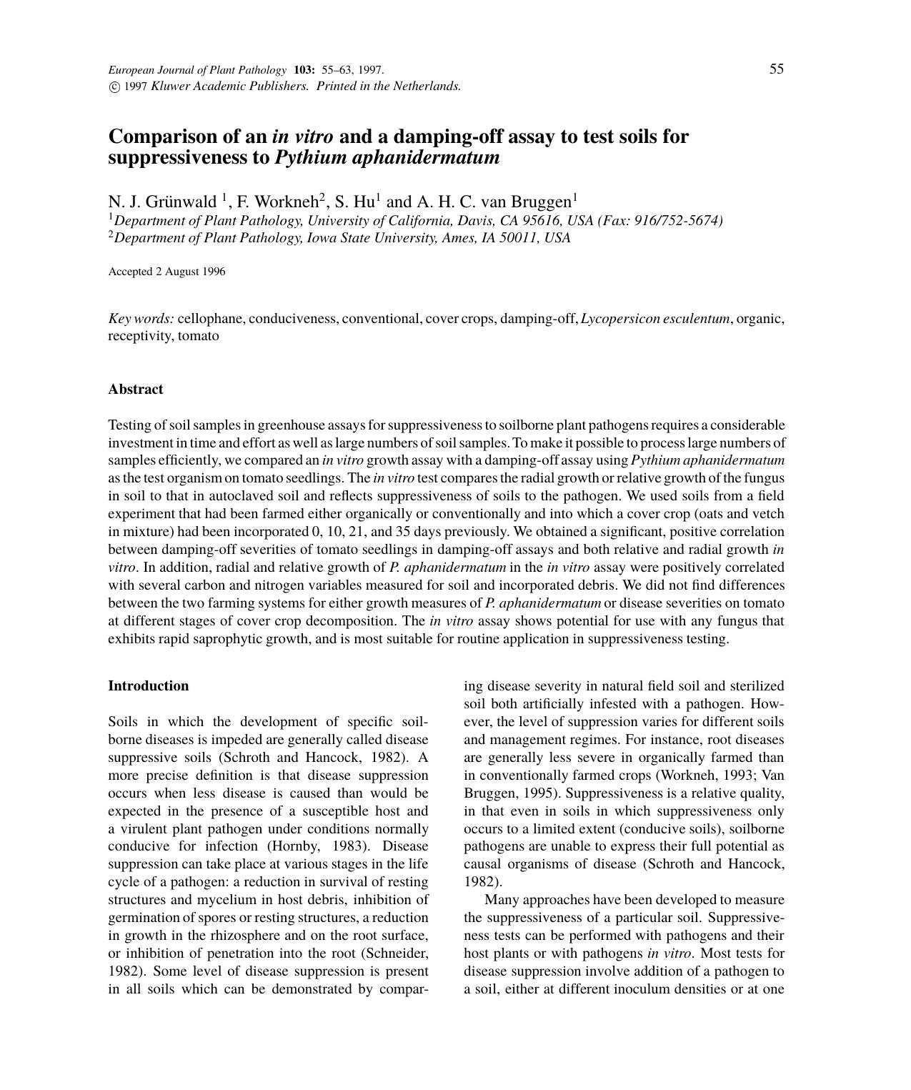 Comparison of an in vitro and a damping-off assay to test soils for suppressiveness to Pythium aphanidermatum by Unknown