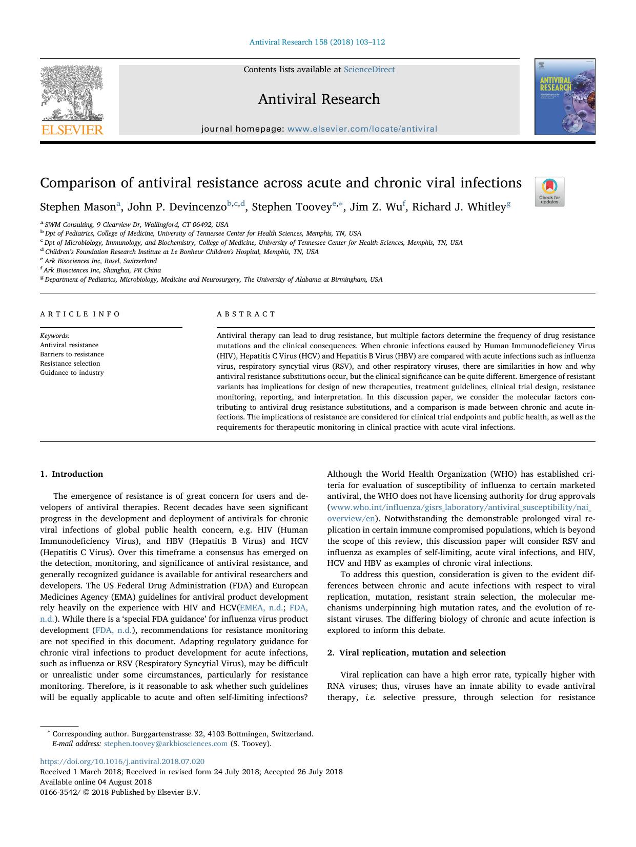 Comparison of antiviral resistance across acute and chronic viral infections by Stephen Mason & John P. Devincenzo & Stephen Toovey & Jim Z. Wu & Richard J. Whitley