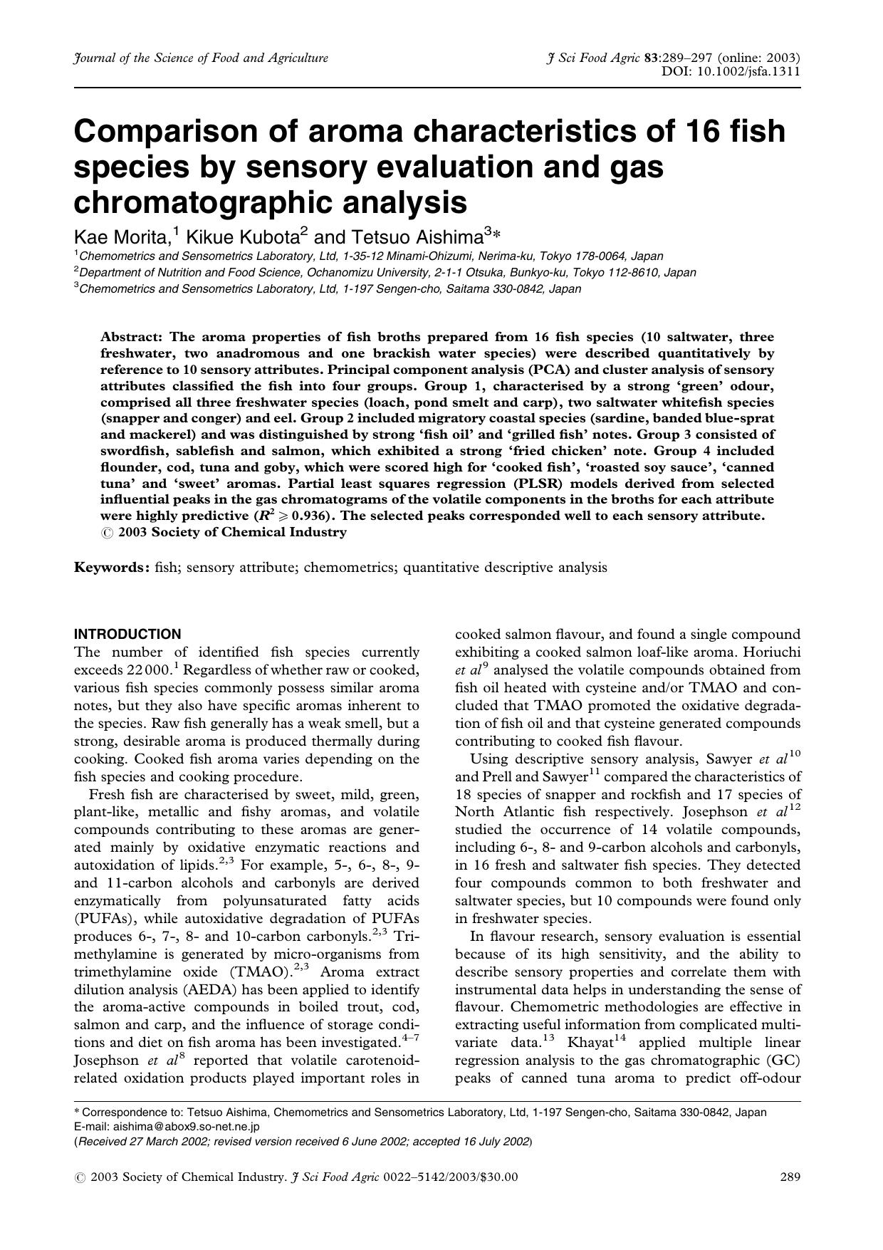 Comparison of aroma characteristics of 16 fish species by sensory evaluation and gas chromatographic analysis by Unknown