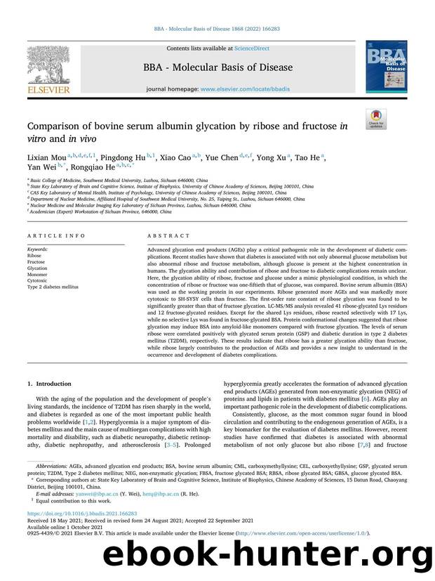 Comparison of bovine serum albumin glycation by ribose and fructose in vitro and in vivo by Lixian Mou & Pingdong Hu & Xiao Cao & Yue Chen & Yong Xu & Tao He & Yan Wei & Rongqiao He