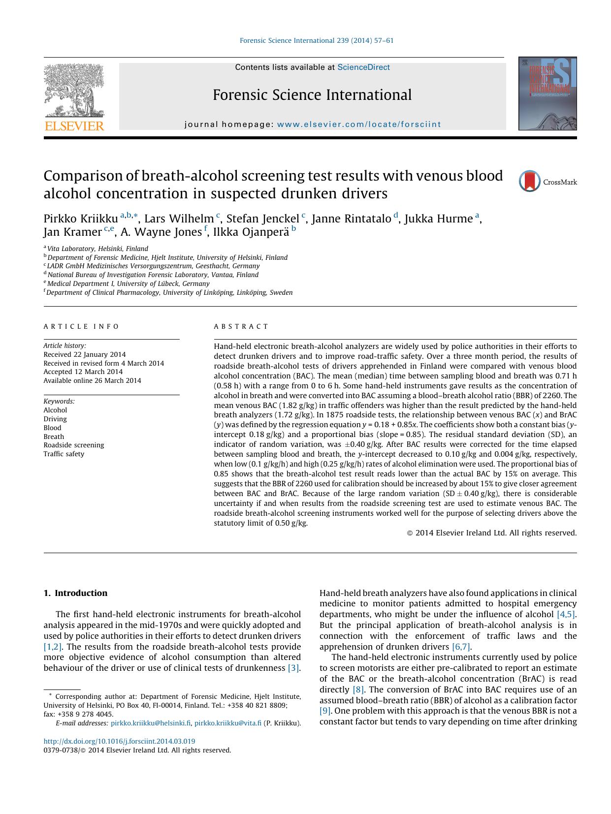 Comparison of breath-alcohol screening test results with venous blood alcohol concentration in suspected drunken drivers by unknow