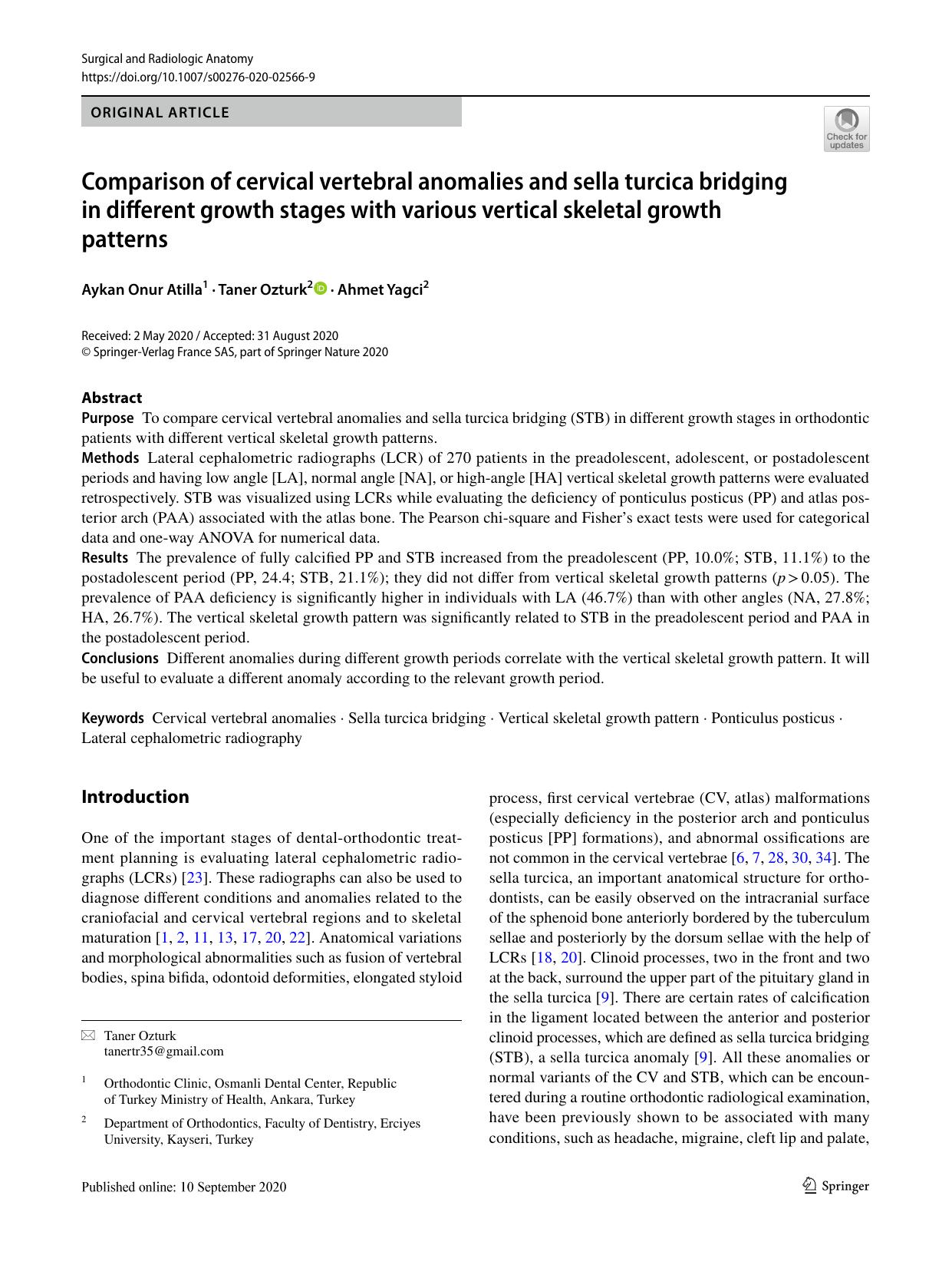 Comparison of cervical vertebral anomalies and sella turcica bridging in different growth stages with various vertical skeletal growth patterns by Aykan Onur Atilla & Taner Ozturk & Ahmet Yagci
