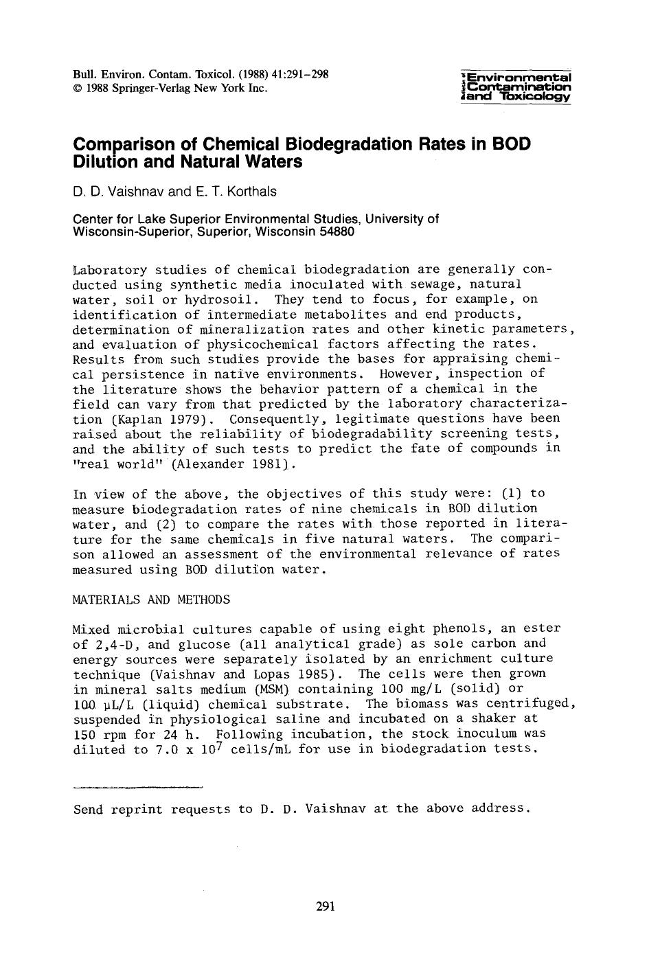 Comparison of chemical biodegradation rates in BOD dilution and natural waters by Unknown
