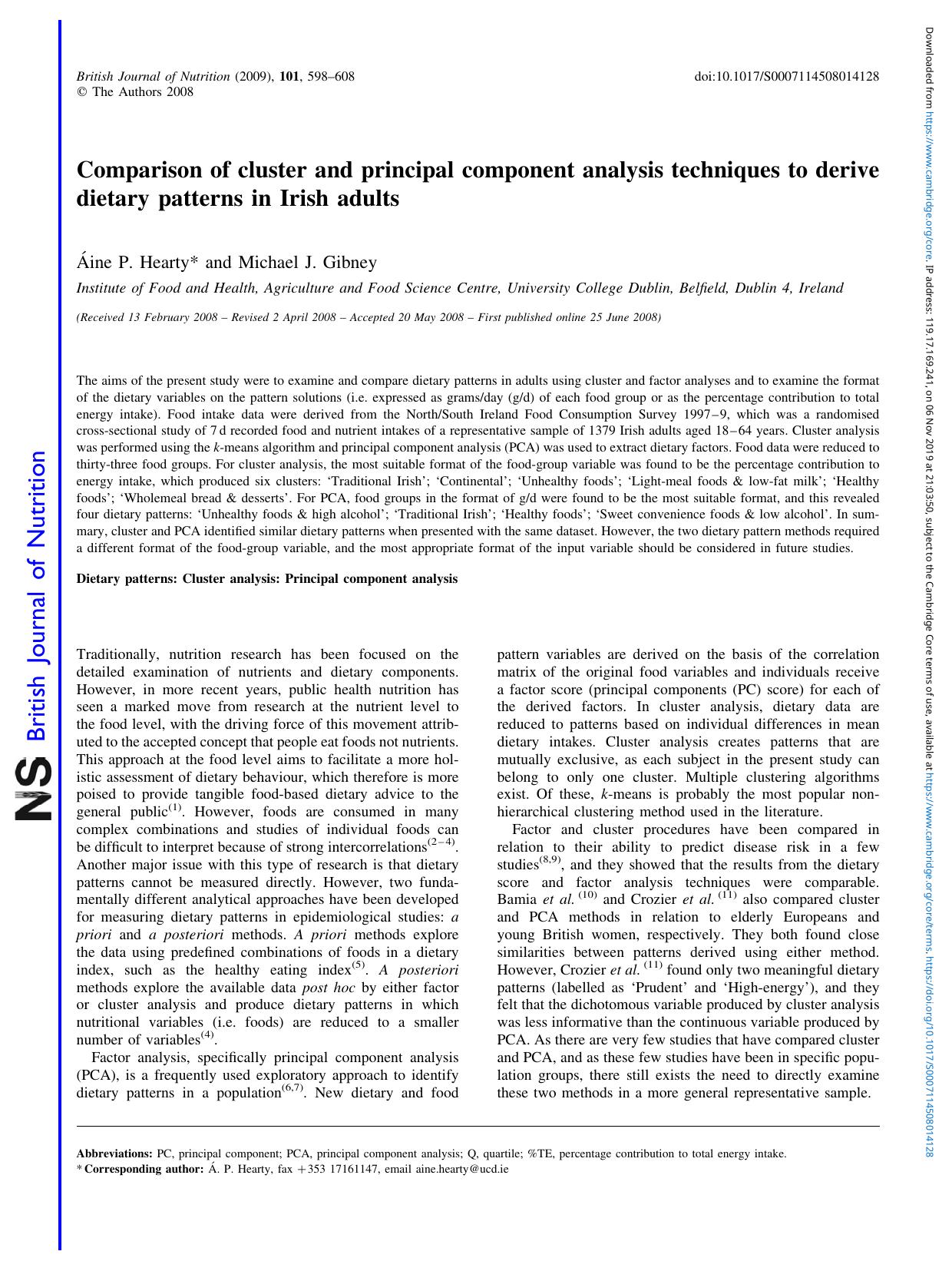 Comparison of cluster and principal component analysis techniques to derive dietary patterns in Irish adults by Áine P. Hearty Michael J. Gibney