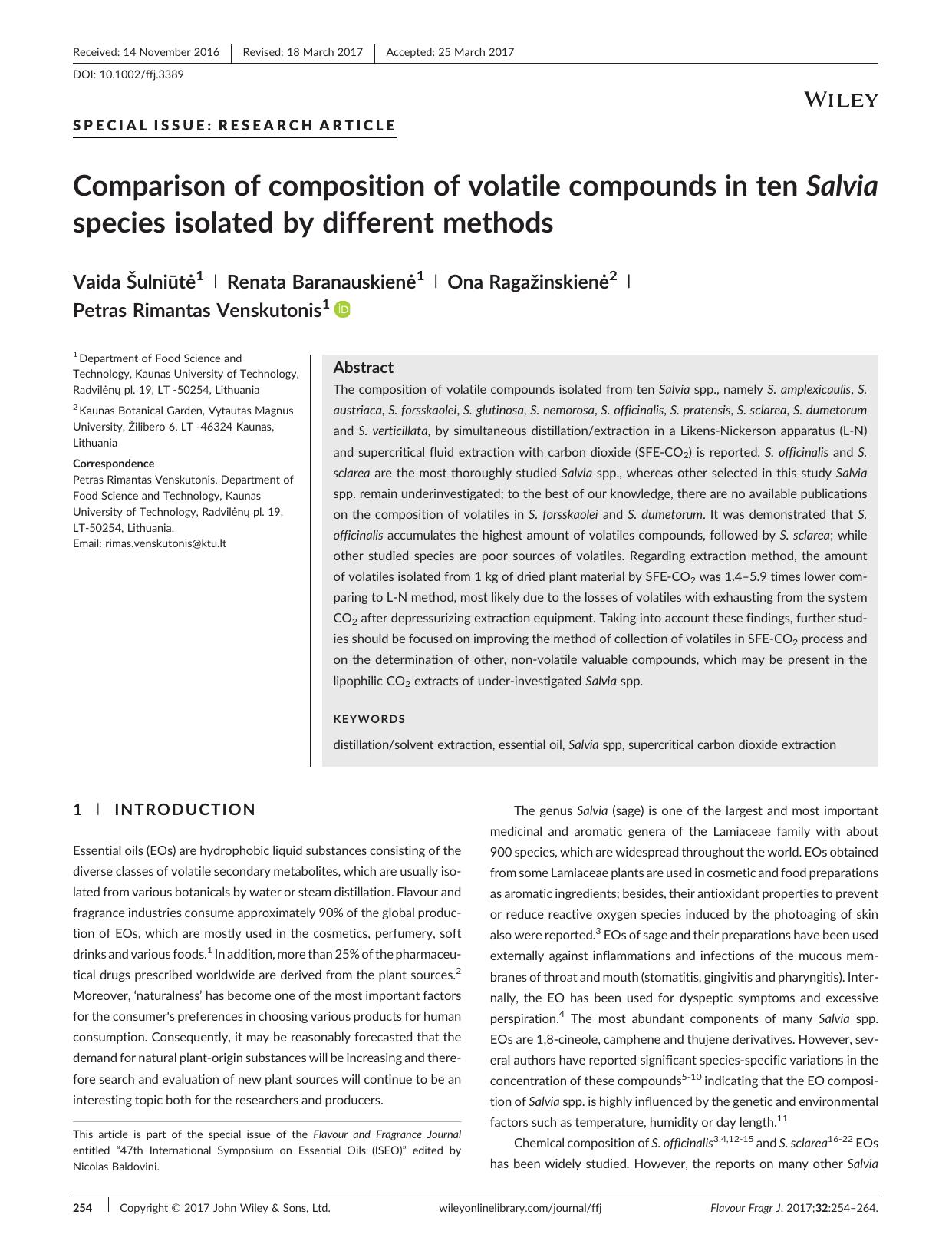 Comparison of composition of volatile compounds in ten Salvia species isolated by different methods by Vaida Šulniūtė Renata Baranauskienė Ona Ragažinskienė Petras Rimantas Venskutonis