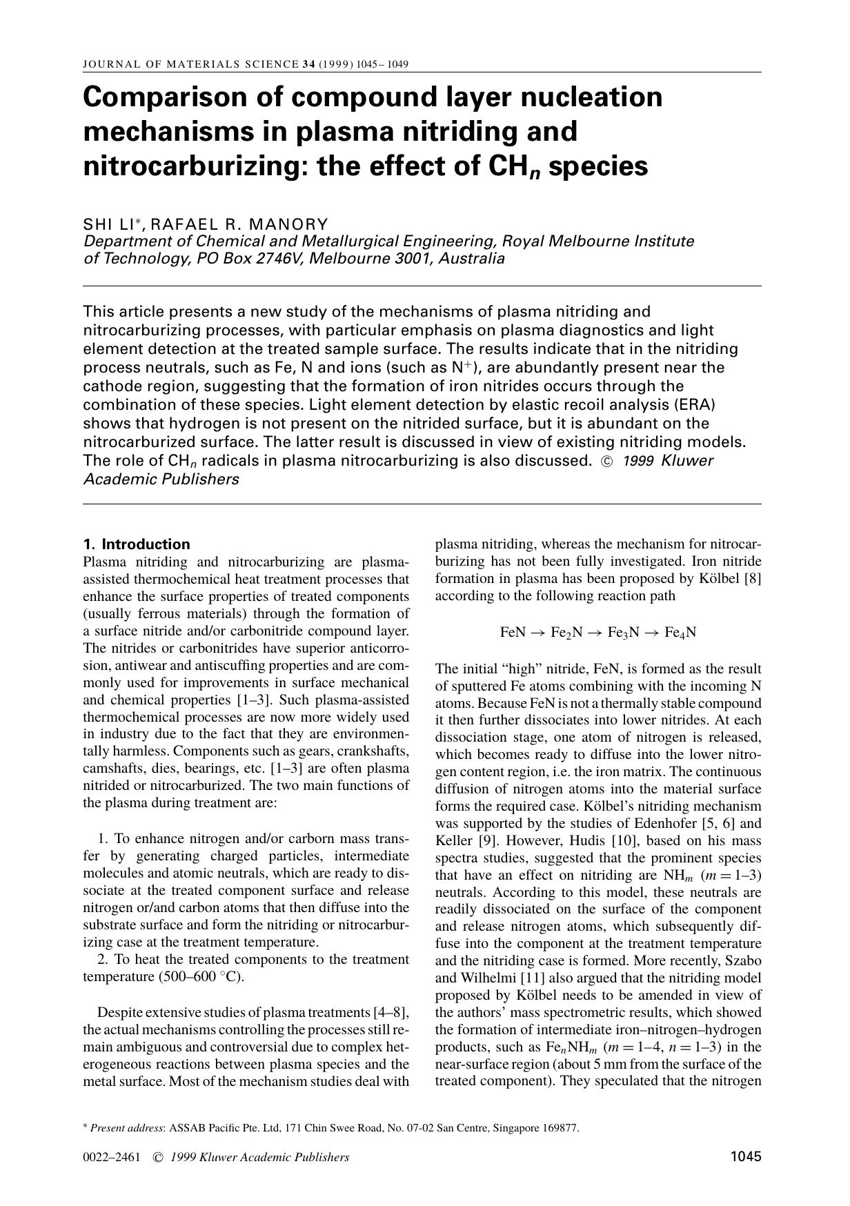 Comparison of compound layer nucleation mechanisms in plasma nitriding and nitrocarburizing: the effect of CHn species by Unknown