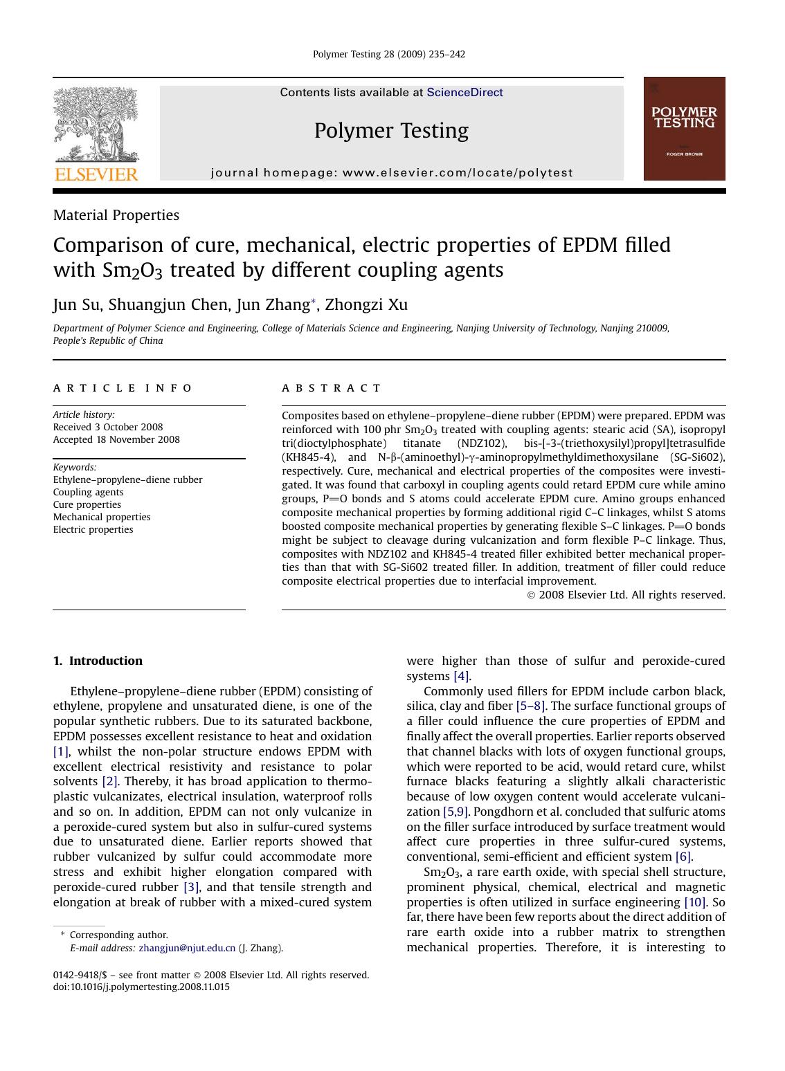 Comparison of cure, mechanical, electric properties of EPDM filled with Sm2O3 treated by different coupling agents by Jun Su; Shuangjun Chen; Jun Zhang; Zhongzi Xu