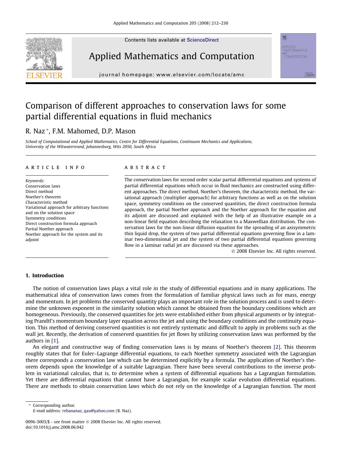 Comparison of different approaches to conservation laws for some partial differential equations in fluid mechanics by R. Naz; F.M. Mahomed; D.P. Mason