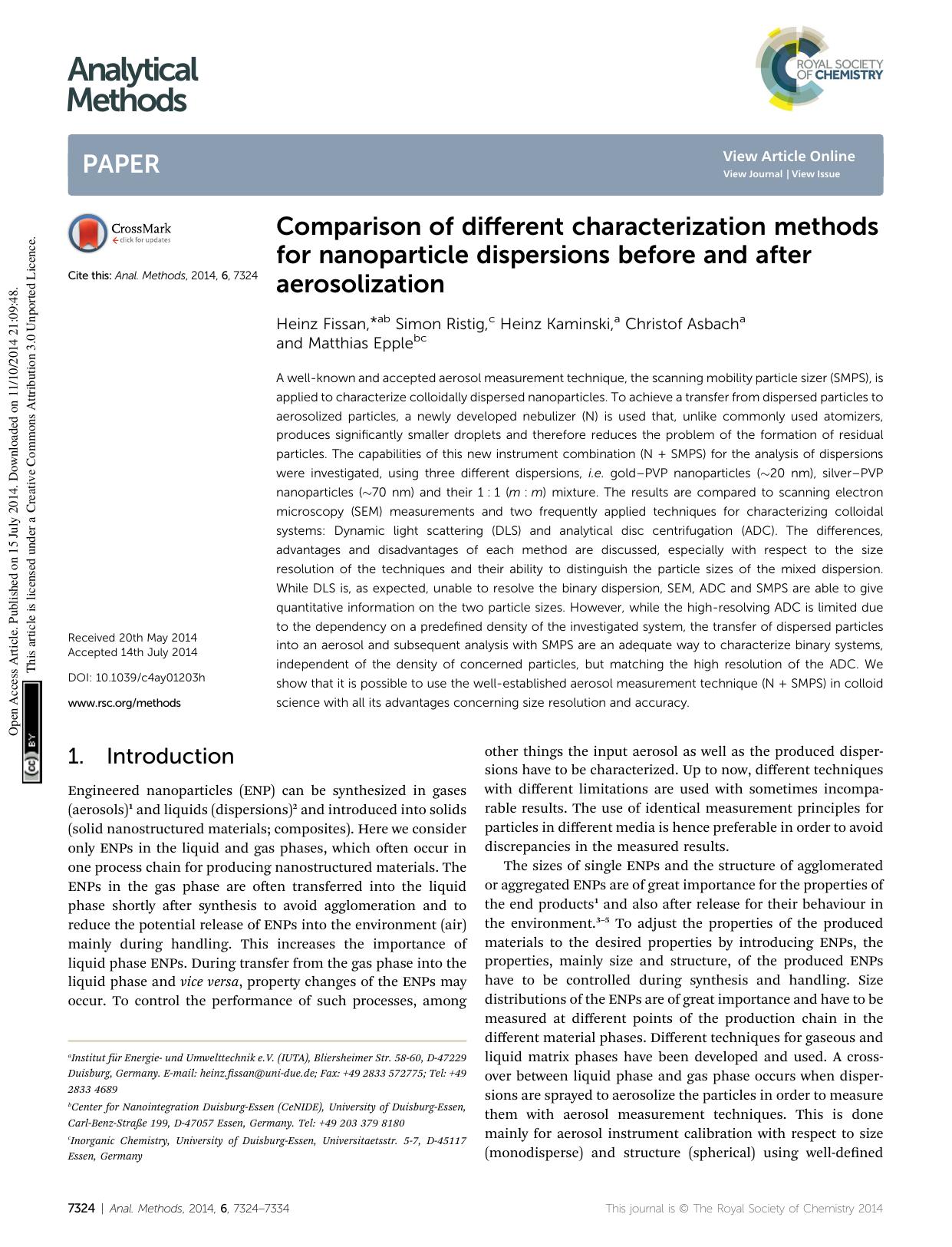 Comparison of different characterization methods for nanoparticle dispersions before and after aerosolization by Heinz Fissan & Simon Ristig & Heinz Kaminski & Christof Asbach & Matthias Epple