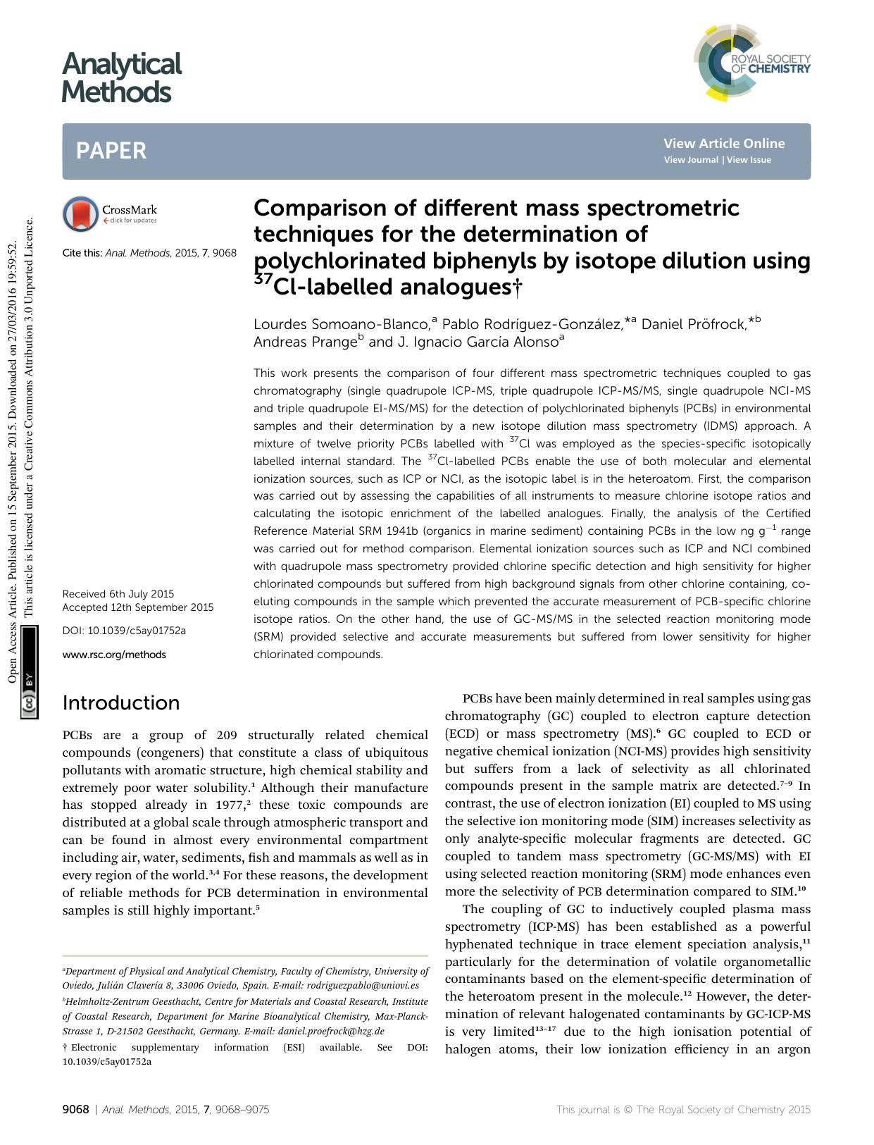 Comparison of different mass spectrometric techniques for the determination of polychlorinated biphenyls by isotope dilution using 37Cl-labelled analogues by unknow