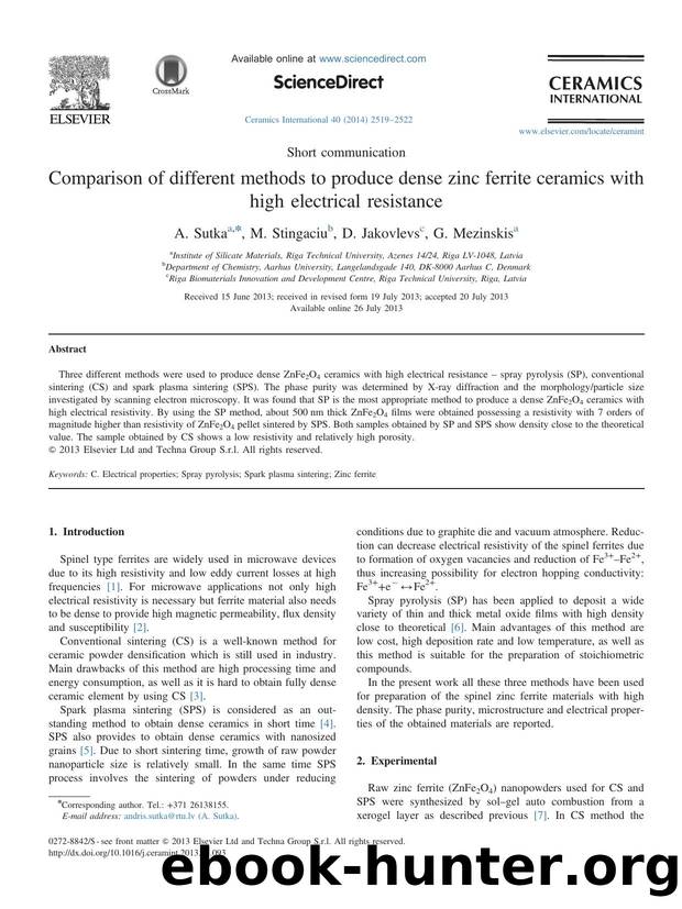 Comparison of different methods to produce dense zinc ferrite ceramics with high electrical resistance by A. Sutka & M. Stingaciu & D. Jakovlevs & G. Mezinskis