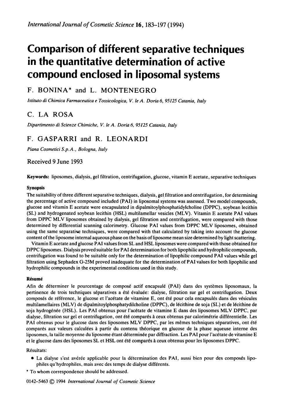 Comparison of different separative techniques in the quantitative determination of active compound enclosed in liposomal systems by Unknown