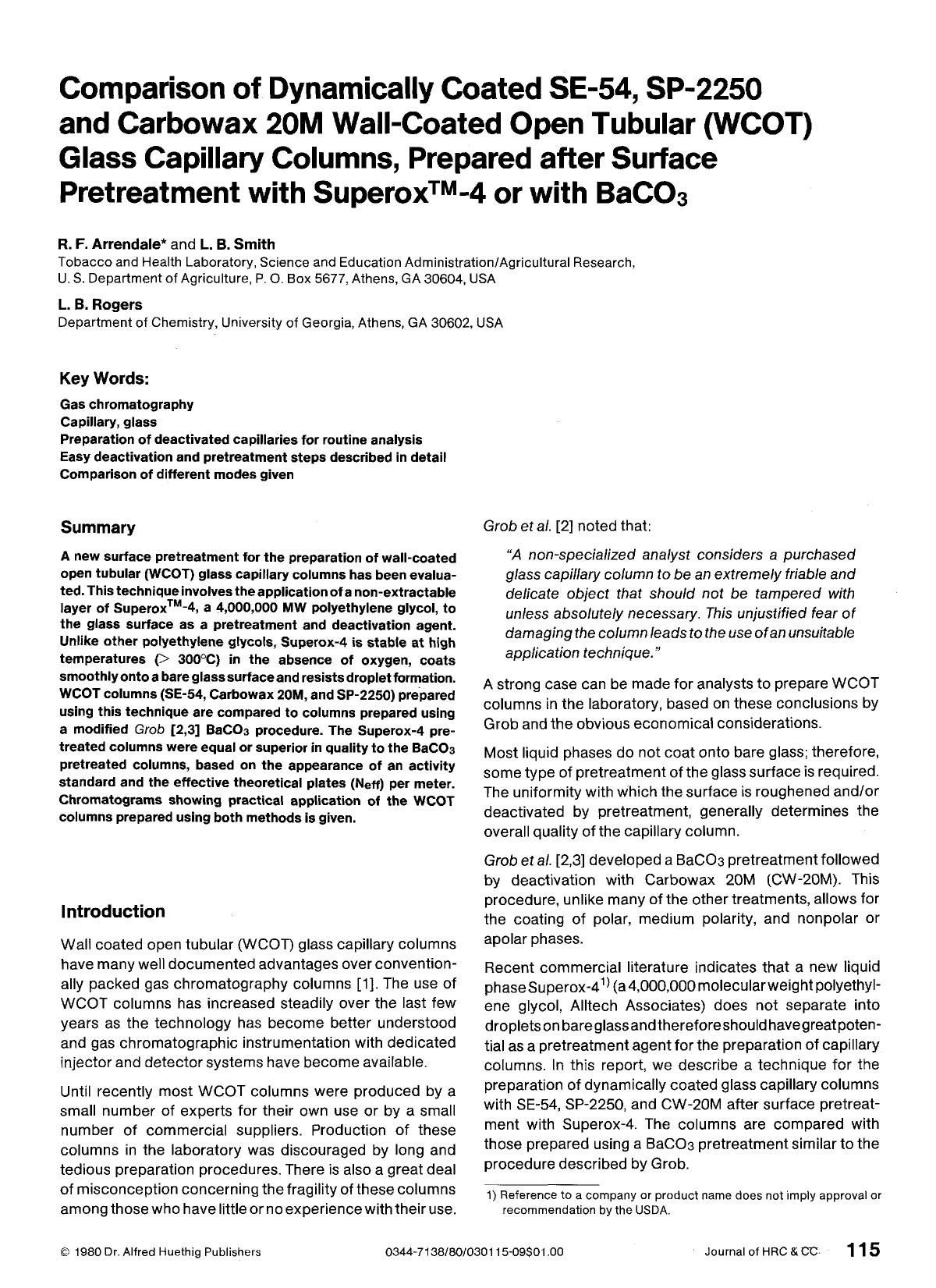 Comparison of dynamically coated SE-54, SP-2250 and carbowax 20M wall-coated open tubular (WCOT) glass capillary columns, prepared after surface pretreatment with Superox[trade]-4 or with BaCO3 by Unknown