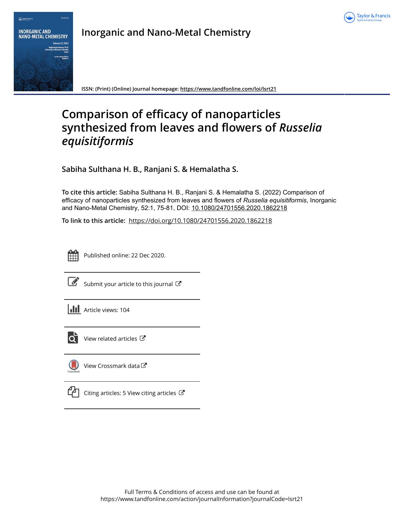 Comparison of efficacy of nanoparticles synthesized from leaves and flowers of Russelia equisitiformis by H. B. Sabiha Sulthana & S. Ranjani & S. Hemalatha