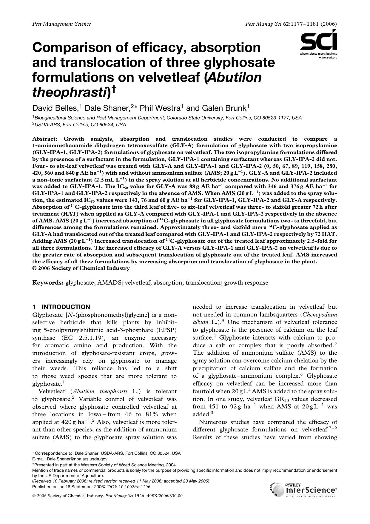 Comparison of efficacy, absorption and translocation of three glyphosate formulations on velvetleaf (Abutilon theophrasti) by Unknown