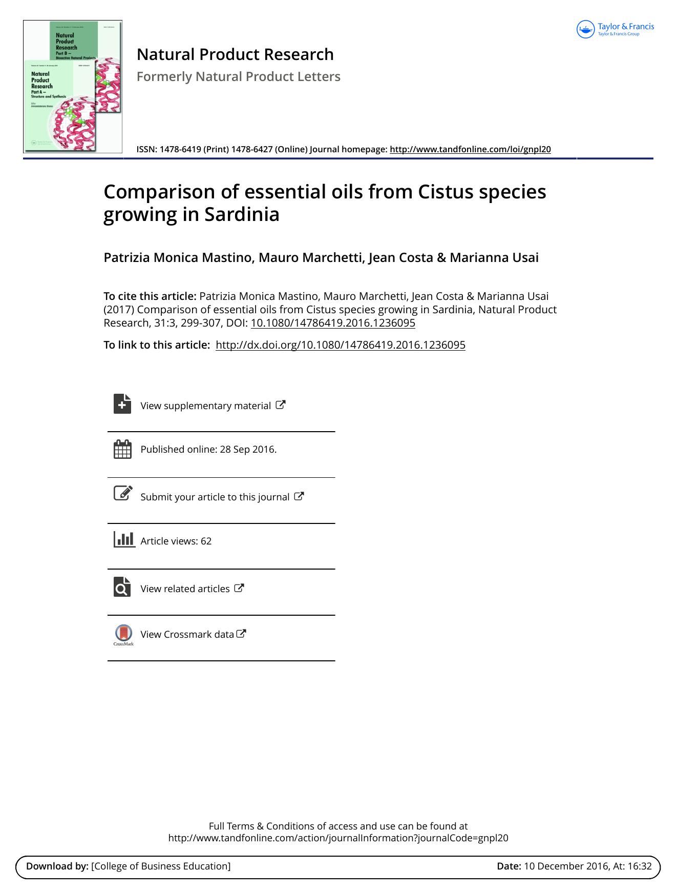 Comparison of essential oils from Cistus species growing in Sardinia by Patrizia Monica Mastino & Mauro Marchetti & Jean Costa & Marianna Usai