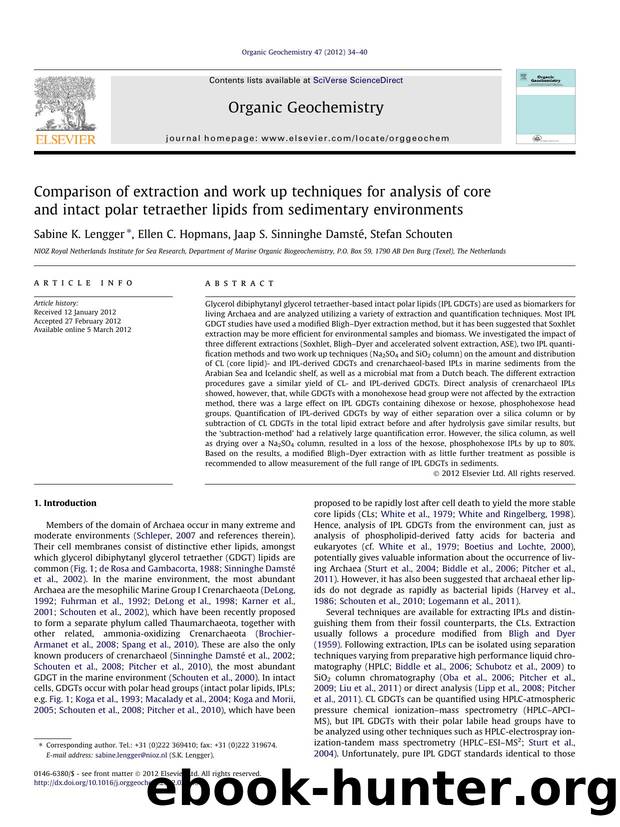 Comparison of extraction and work up techniques for analysis of core and intact polar tetraether lipids from sedimentary environments by Sabine K. Lengger & Ellen C. Hopmans & Jaap S. Sinninghe Damsté & Stefan Schouten