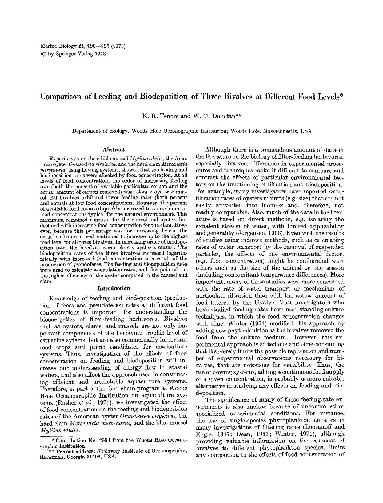 Comparison of feeding and biodeposition of three bivalves at different food levels by Unknown