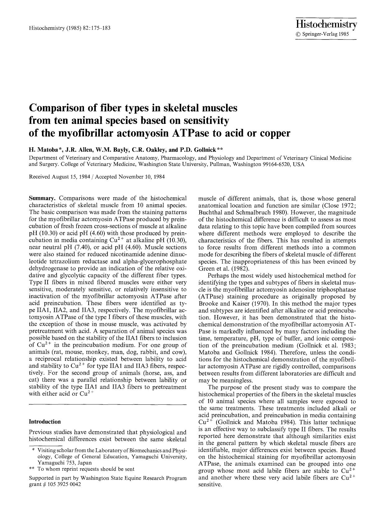Comparison of fiber types in skeletal muscles from ten animal species based on sensitivity of the myofibrillar actomyosin ATPase to acid or copper by Unknown