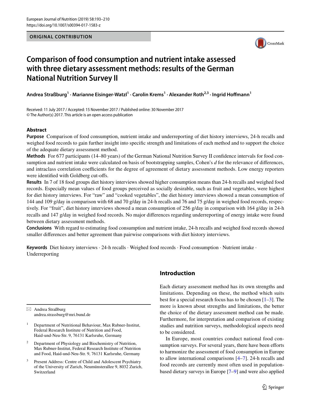 Comparison of food consumption and nutrient intake assessed with three dietary assessment methods: results of the German National Nutrition Survey II by Andrea Straßburg