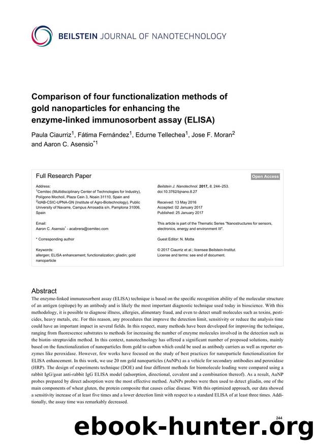 Comparison of four functionalization methods of gold nanoparticles for enhancing the enzyme-linked immunosorbent assay (ELISA) by Paula Ciaurriz Fátima Fernández Edurne Tellechea Jose F. Moran Aaron C. Asensio