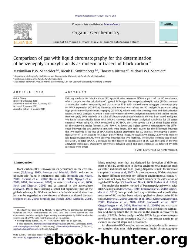 Comparison of gas with liquid chromatography for the determination of benzenepolycarboxylic acids as molecular tracers of black carbon by Maximilian P.W. Schneider & Rienk H. Smittenberg & Thorsten Dittmar & Michael W.I. Schmidt
