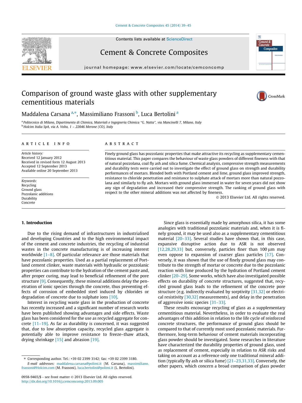 Comparison of ground waste glass with other supplementary cementitious materials by Maddalena Carsana & Massimiliano Frassoni & Luca Bertolini