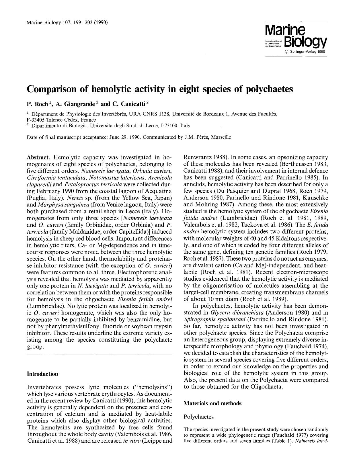 Comparison of hemolytic activity in eight species of polychaetes by Unknown