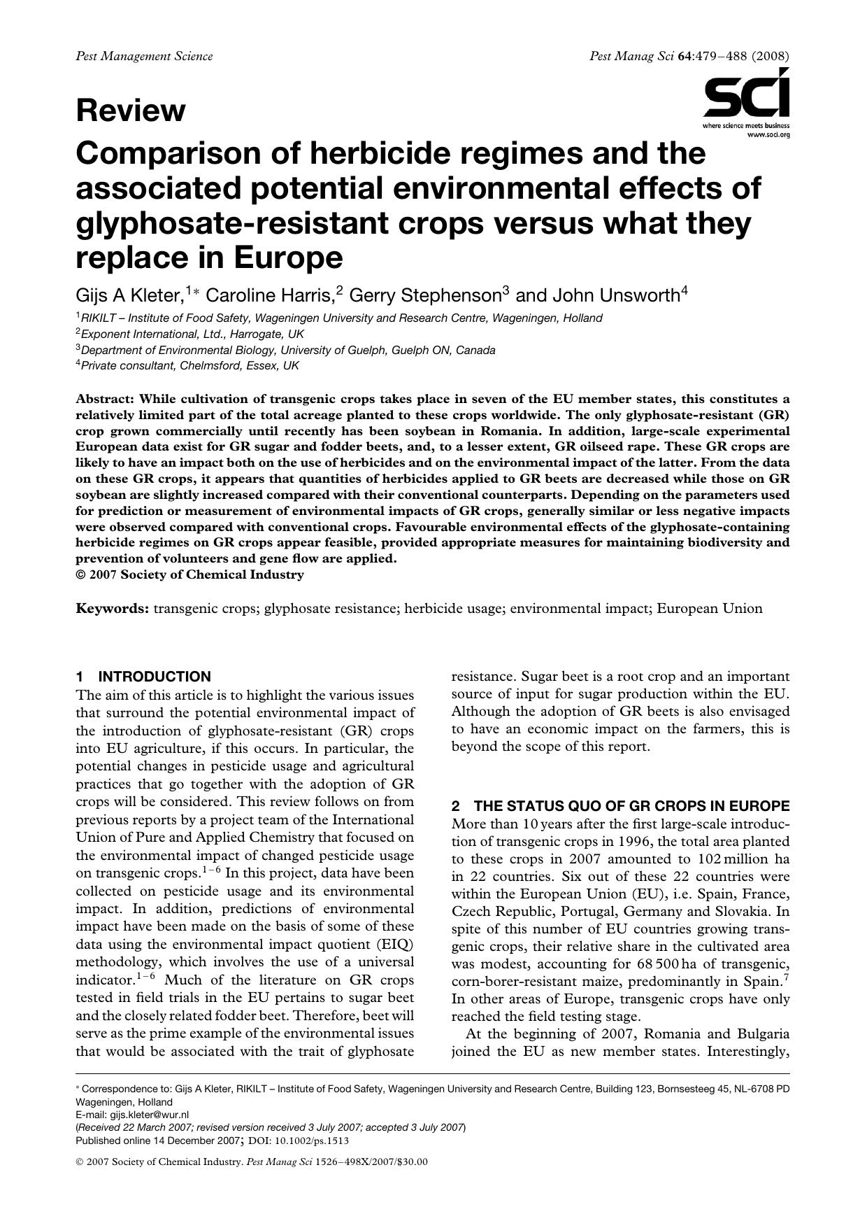 Comparison of herbicide regimes and the associated potential environmental effects of glyphosate-resistant crops versus what they replace in Europe by Unknown