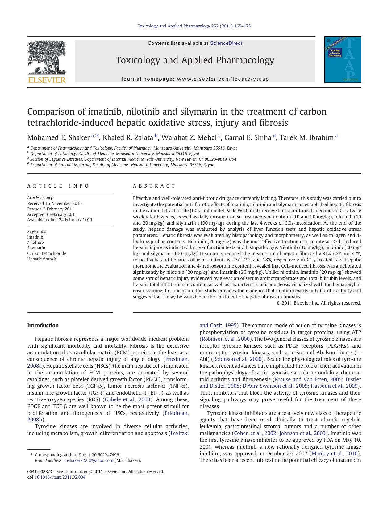 Comparison of imatinib, nilotinib and silymarin in the treatment of carbon tetrachloride-induced hepatic oxidative stress, injury and fibrosis by Mohamed E. Shaker & Khaled R. Zalata & Wajahat Z. Mehal & Gamal E. Shiha & Tarek M. Ibrahim