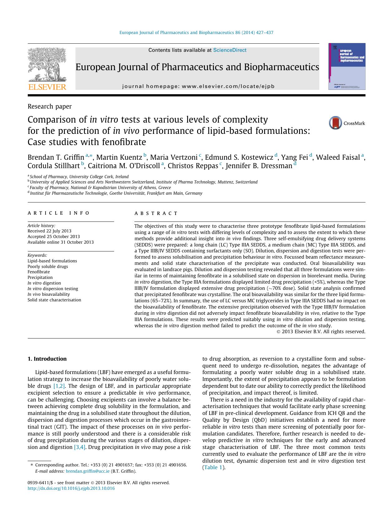 Comparison of in vitro tests at various levels of complexity for the prediction of in vivo performance of lipid-based formulations: Case studies with fenofibrate by unknow