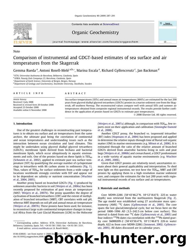 Comparison of instrumental and GDGT-based estimates of sea surface and air temperatures from the Skagerrak by Gemma Rueda; Antoni Rosell-Melé; Marina Escala; Richard Gyllencreutz; Jan Backman
