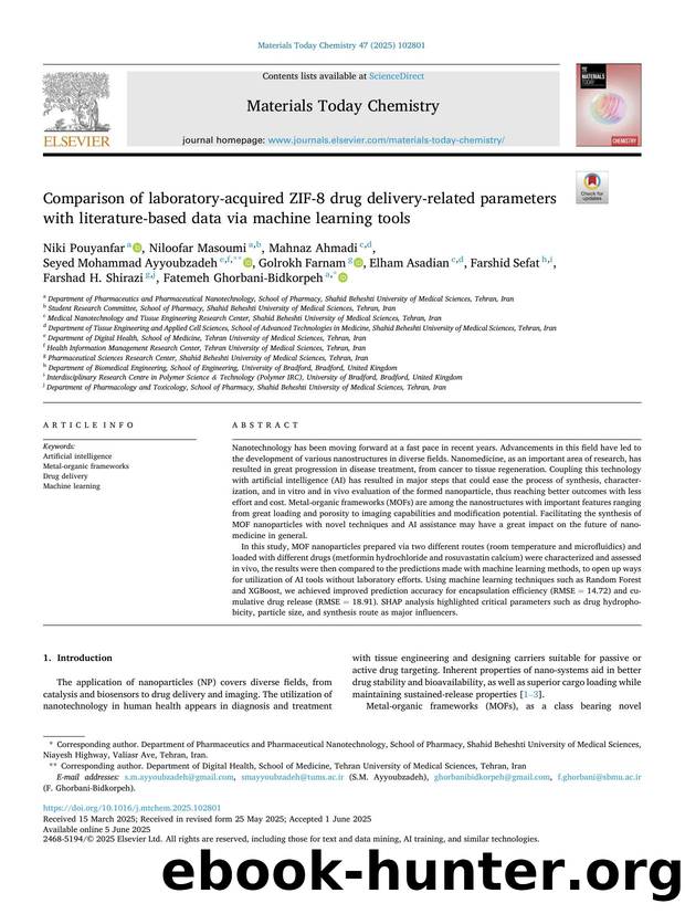 Comparison of laboratory-acquired ZIF-8 drug delivery-related parameters with literature-based data via machine learning tools by unknow