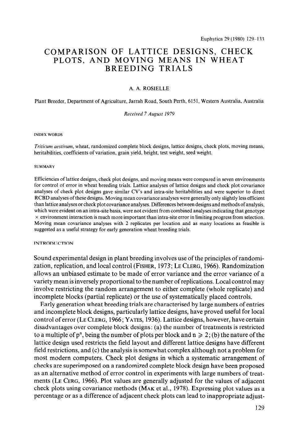 Comparison of lattice designs, check plots, and moving means in wheat breeding trials by Unknown