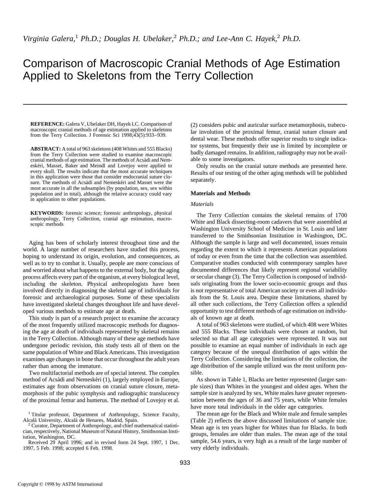 Comparison of macroscopic cranial methods of age estimation applied to skeletons from the Terry Collection by Galera V Ubelaker DH Hayek LC