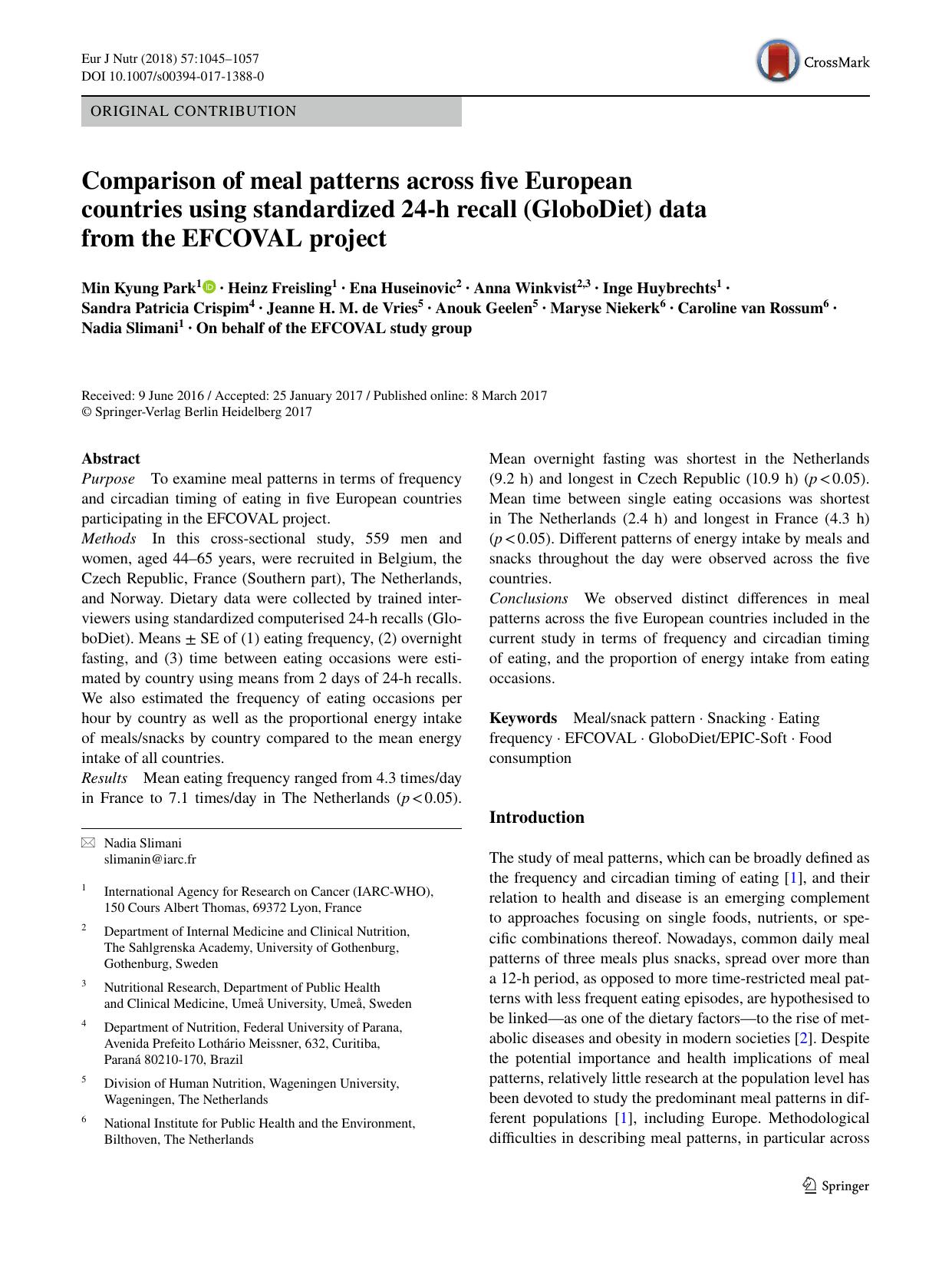 Comparison of meal patterns across five European countries using standardized 24-h recall (GloboDiet) data from the EFCOVAL project by Min Kyung Park