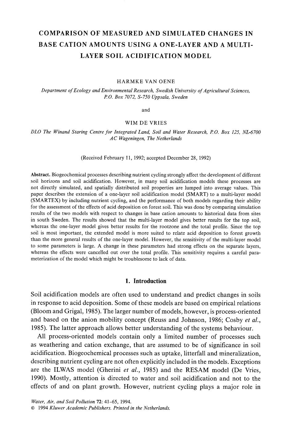 Comparison of measured and simulated changes in base cation amounts using a one-layer and a multi-layer soil acidification model by Unknown