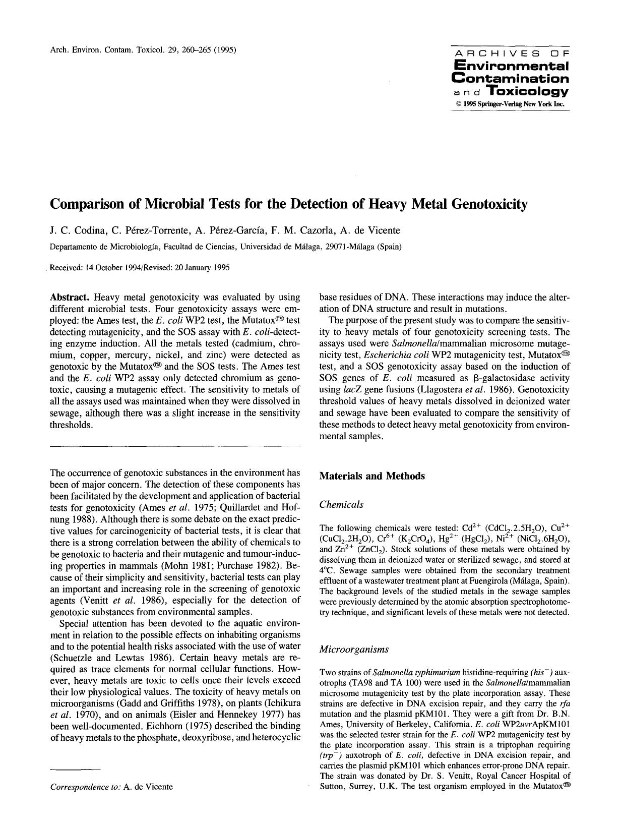 Comparison of microbial tests for the detection of heavy metal genotoxicity by Unknown