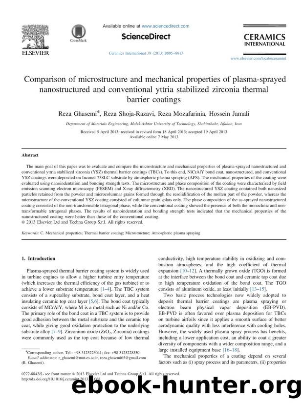 Comparison of microstructure and mechanical properties of plasma-sprayed nanostructured and conventional yttria stabilized zirconia thermal barrier coatings by Reza Ghasemi & Reza Shoja-Razavi & Reza Mozafarinia & Hossein Jamali