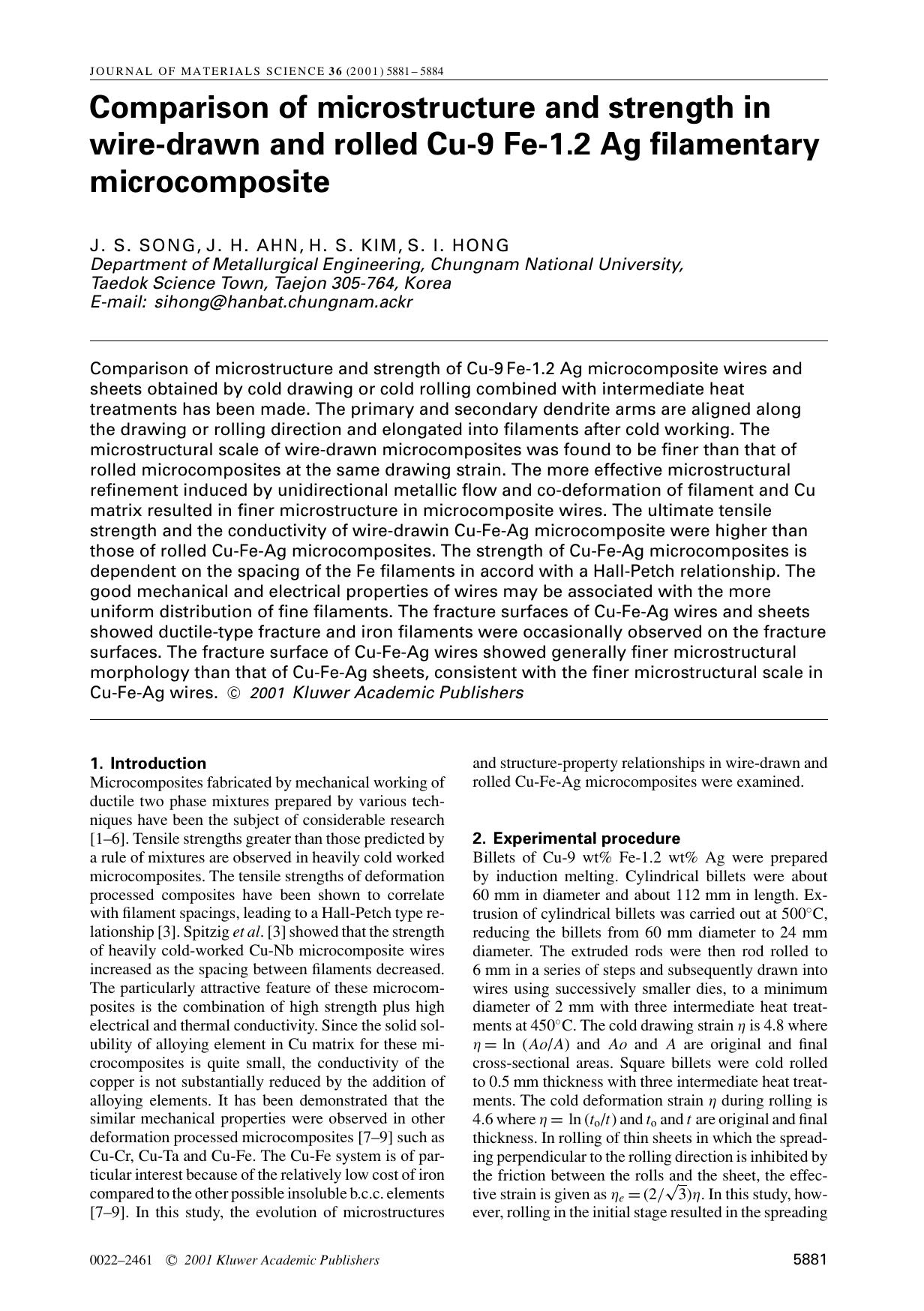 Comparison of microstructure and strength in wire-drawn and rolled Cu-9 Fe-1.2 Ag filamentary microcomposite by Unknown