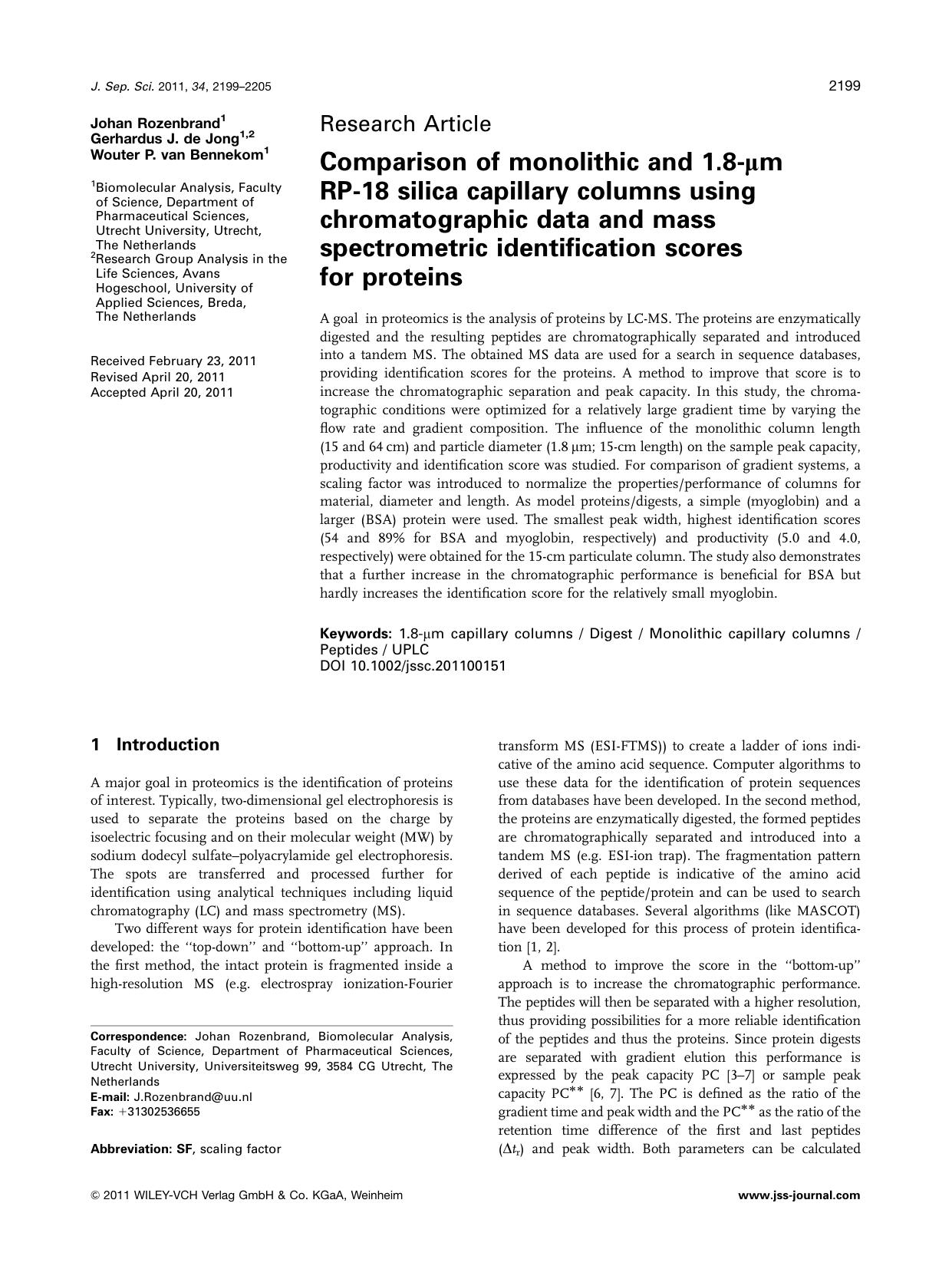 Comparison of monolithic and 1.8m RP18 silica capillary columns using chromatographic data and mass spectrometric identification scores for proteins by Unknown