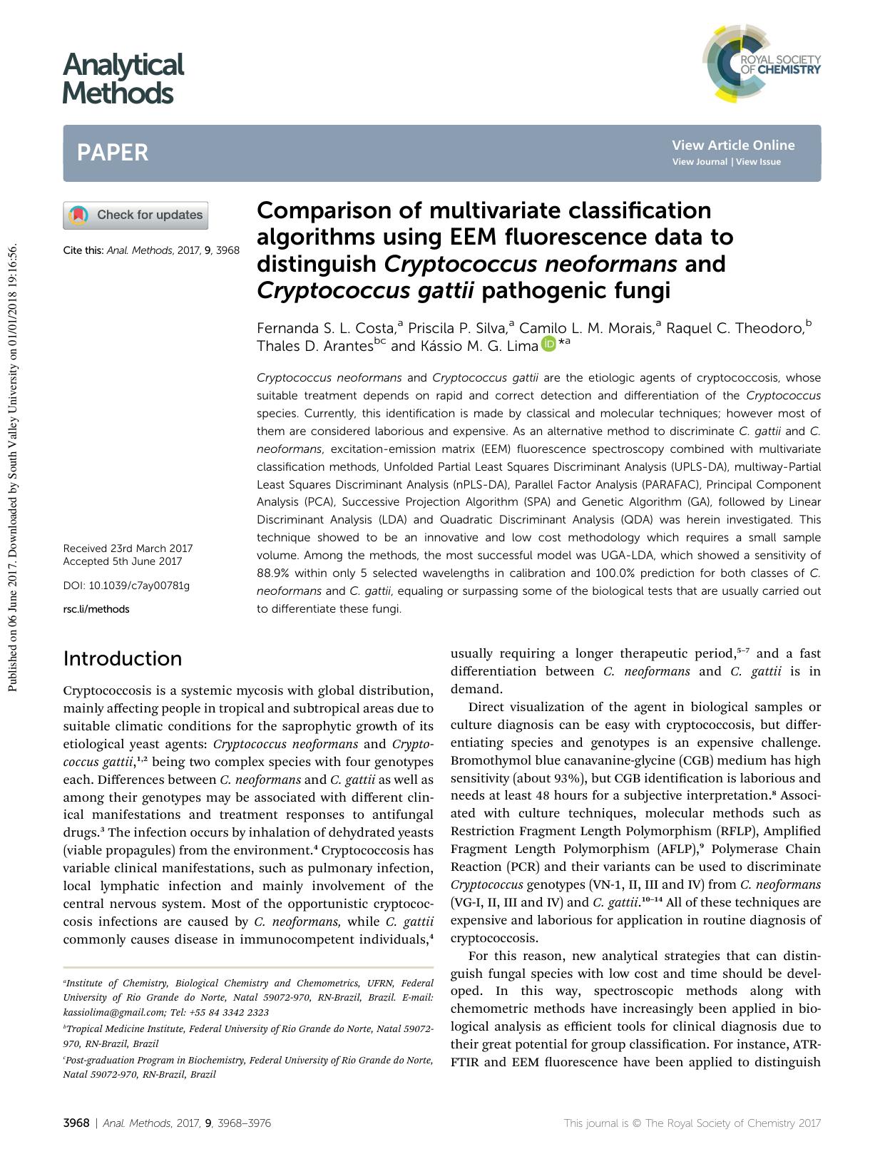 Comparison of multivariate classification algorithms using EEM fluorescence data to distinguish Cryptococcus neoformans and Cryptococcus gattii pathogenic fungi by unknow