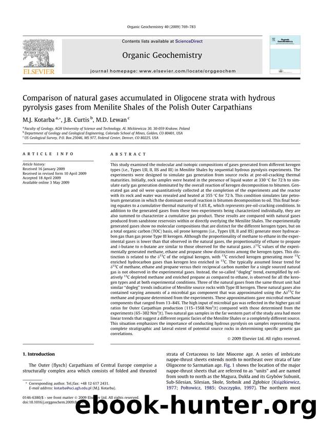 Comparison of natural gases accumulated in Oligocene strata with hydrous pyrolysis gases from Menilite Shales of the Polish Outer Carpathians by M.J. Kotarba; J.B. Curtis; M.D. Lewan