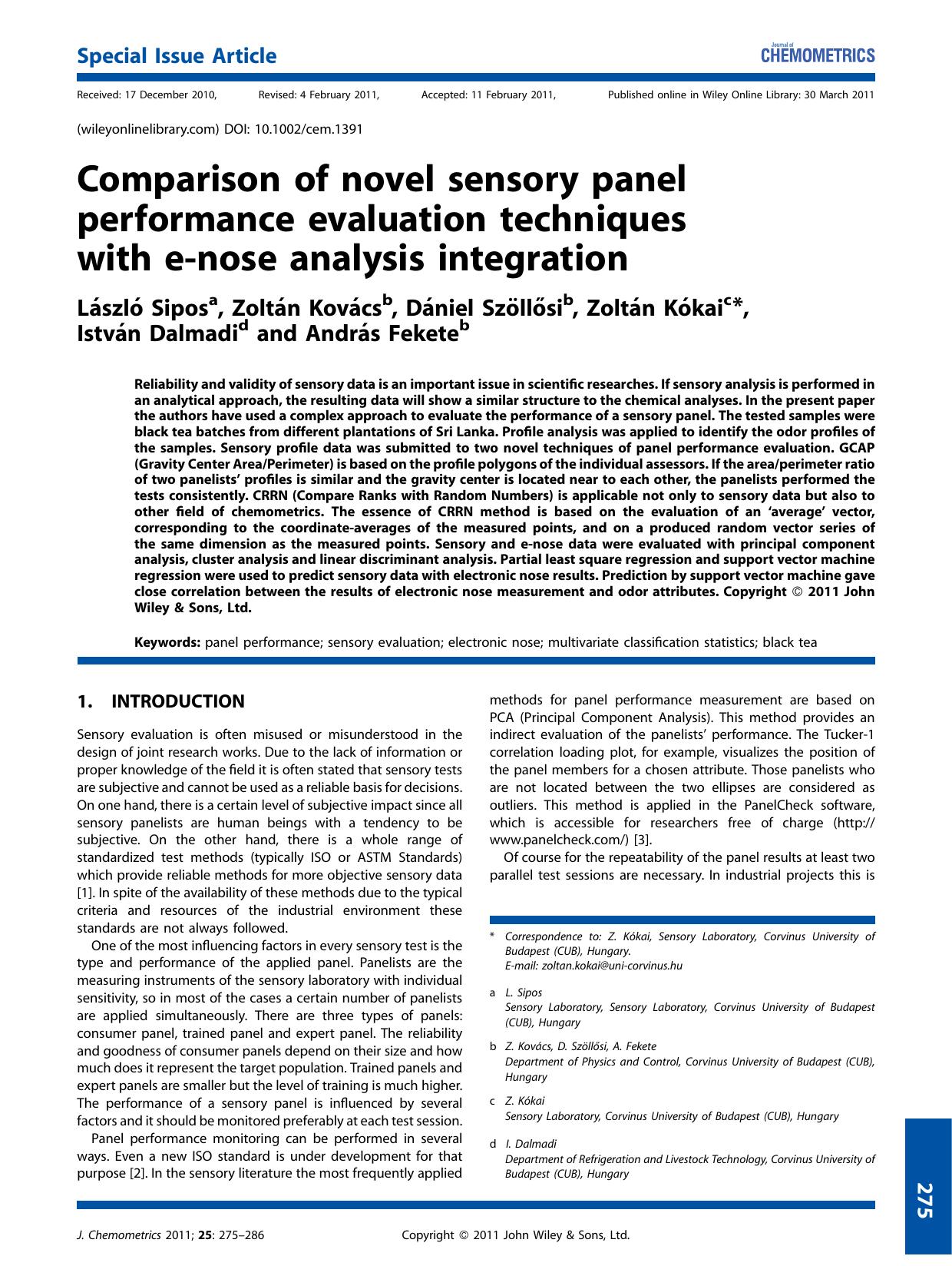Comparison of novel sensory panel performance evaluation techniques with enose analysis integration by Unknown