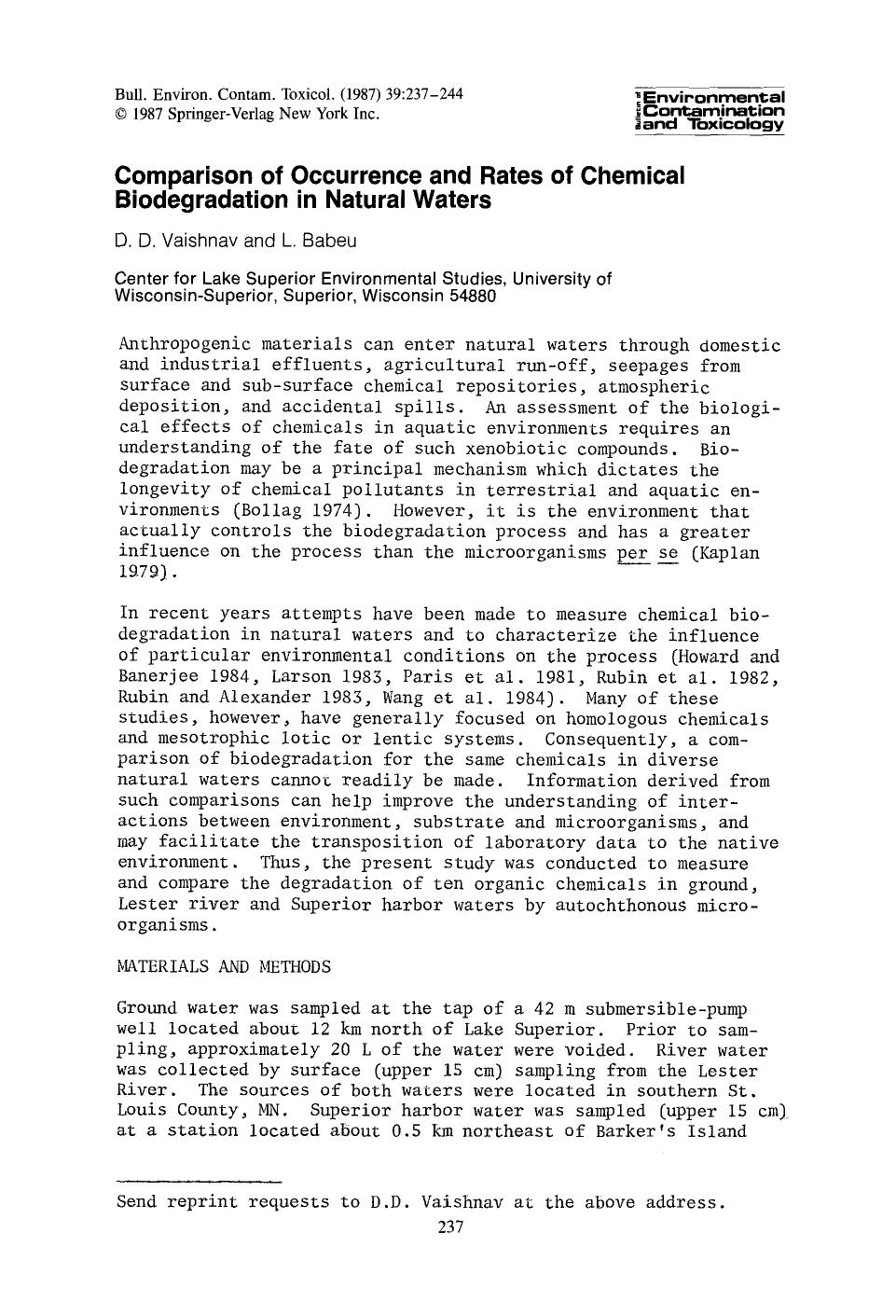 Comparison of occurrence and rates of chemical biodegradation in natural waters by Unknown