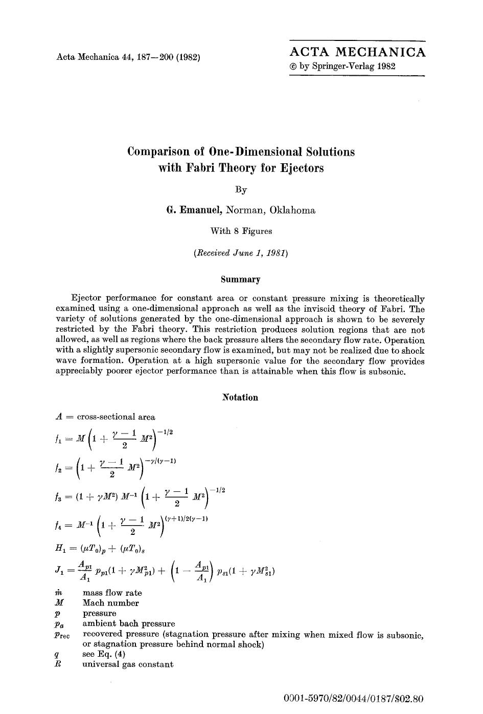 Comparison of one-dimensional solutions with Fabri theory for ejectors by Unknown
