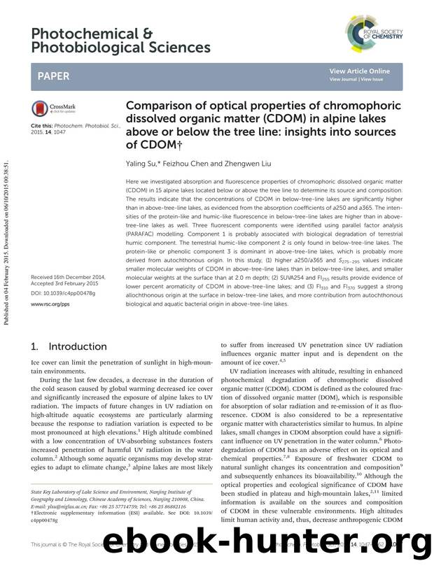 Comparison of optical properties of chromophoric dissolved organic matter (CDOM) in alpine lakes above or below the tree line: insights into sources of CDOM by Yaling Su Feizhou Chen Zhengwen Liu